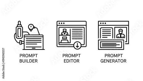 Prompt builder, editor, and generator outline icons for AI, machine learning, and content creation tools
