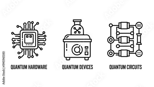 Quantum hardware, devices, and circuits outline icons for advanced computing and future technology