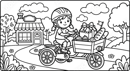 Line art child riding cargo tricycle with basket full of bread cupcakes and gift box near bakery shop in park scene