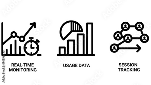 Real-time monitoring, usage data analytics, and session tracking icons for business intelligence and data management