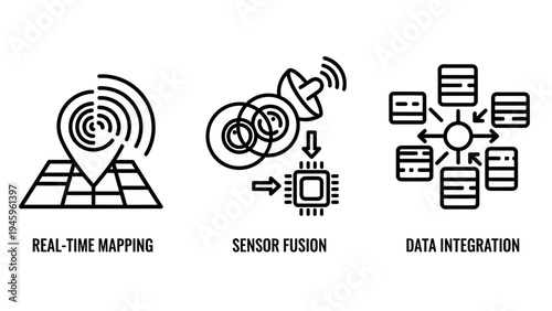 Real-time mapping, sensor fusion, and data integration outline icons for geolocation and analytics
