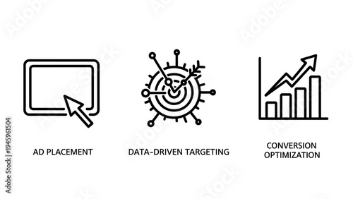 Digital marketing and business growth icons - ad placement, data-driven targeting, and conversion optimization, e commerce
