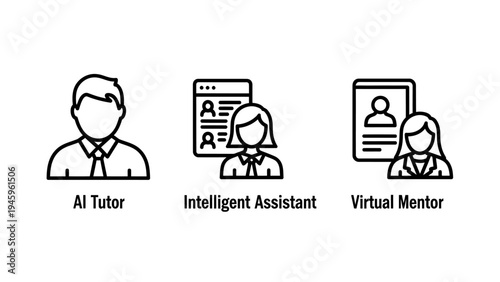 Artificial intelligence tutoring and virtual assistance icons - AI tutor, intelligent assistant, virtual mentor