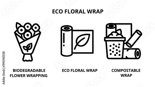 Eco-friendly floral packaging and sustainable wrapping icons - biodegradable flower wrap