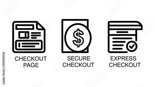 E-commerce checkout process icons: secure, express, and page concepts for online shopping, payment, and digital transactions, e commerce