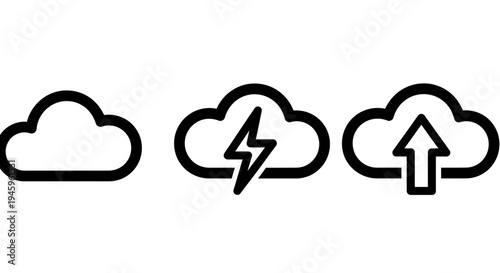 Cloud computing and data management icons: empty cloud, lightning fast transfer, and upload storage concepts for technology and networking