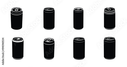 Drink can and soda beverage silhouette icon set featuring aluminum container for cold drink and more vector illustration or editable stroke