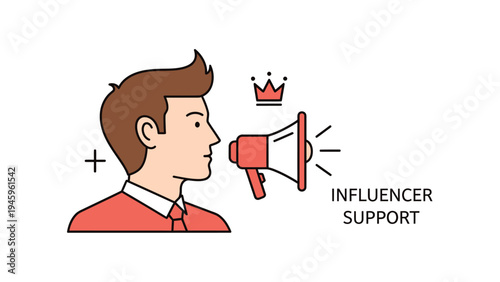 Social media influencer support and marketing concept illustration: man with megaphone, crown, and public relations for digital promotion