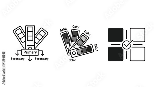 Graphic design color palette and selection icons: primary, secondary, swatch solutions, and verification for creative projects and branding