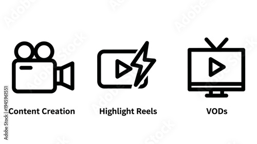 Content production and streaming icons: camera, highlight reels, and vods for media creation, entertainment, and digital platforms