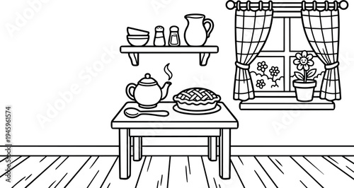 Simple black and white line art kitchen scene with steaming teapot fresh pie wooden table floral window and checkered curtains interior view