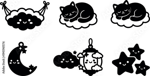 Cute black and white kawaii style sleeping cat lying on fluffy cloud and smiling moon star lantern vector icons set