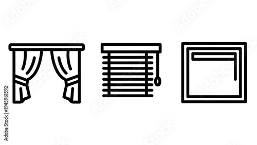 Home interior window coverings: curtains, venetian, and roller blinds outline icons for decoration