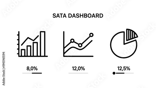 Business data visualization: bar, line, and pie charts with percentages outline icons for reports