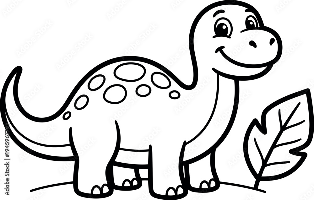 Fototapeta premium Cute smiling dinosaur with large spots standing next to a leafy plant outline black and white vector illustration