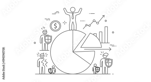 Man stands triumphantly atop a pie chart with a dollar sign and financial graphs surrounding him, symbolizing financial success and market share.