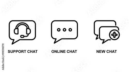 Customer support and online communication icons showing headset chat bubbles and new message notifications