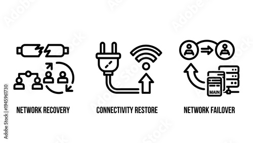 Network recovery and connectivity restore line icons for it infrastructure and data failover solutions
