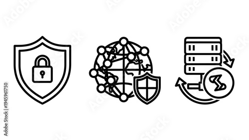 Cyber security and data protection icons featuring network safety and server backup systems