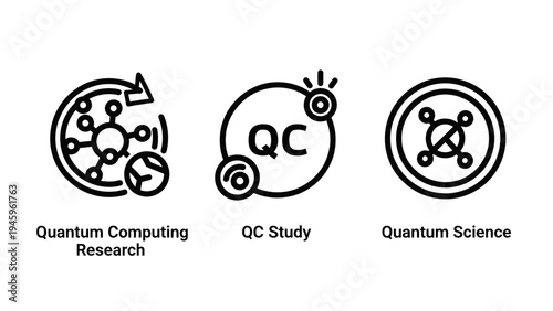 Quantum computing research and science icons representing advanced physics and future technology