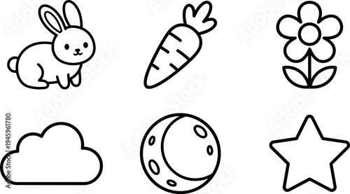 Minimalist black line icons set including cute rabbit carrot flower cloud moon and star shapes on white background