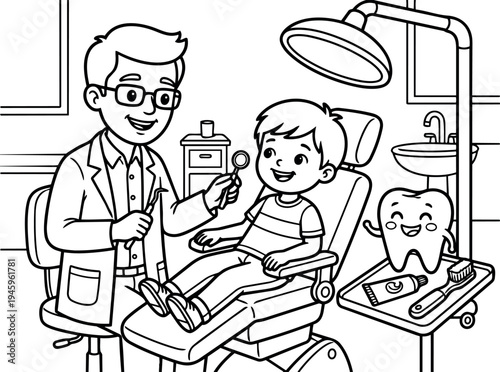 Black and white cartoon style smiling dentist examining happy boy patient sitting on dental chair with tooth character holding toothbrush and toothpaste in clinic