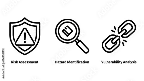 Risk assessment hazard identification and vulnerability analysis icon set for business management and safety security systems