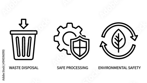 Environmental safety and waste disposal icons for sustainable recycling and industrial processing