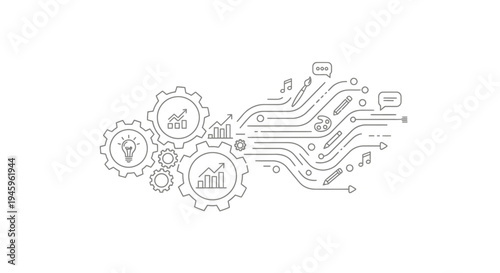 Interlocking gears illustrate the process flow from data analysis and idea generation to creative output pathways on a white background.