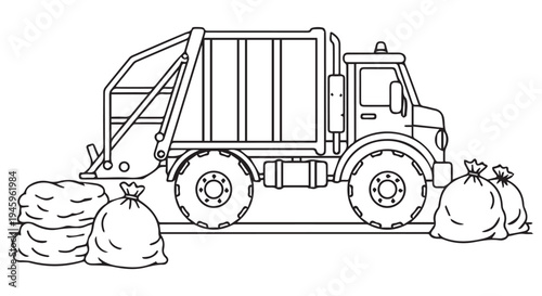 Black and white garbage truck collecting bags of trash and piles of garbage trash collection