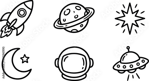 Minimalist black line art space themed icons rocket planet moon star helmet and ufo vector collection