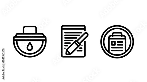 Administrative business icons featuring document signing security lock and registration data