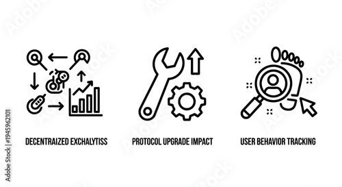 Technology protocol and data tracking icons for decentralized systems and user behavior analysis