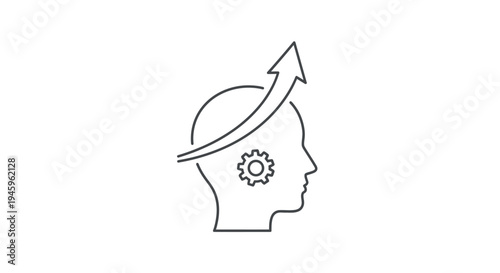A silhouette profile of a human head contains a turning gear inside, symbolizing mental processing and continuous improvement driven by upward momentum.