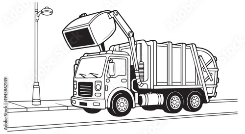 Black and white line of a garbage truck lifting a dumpster on a street line garbage truck