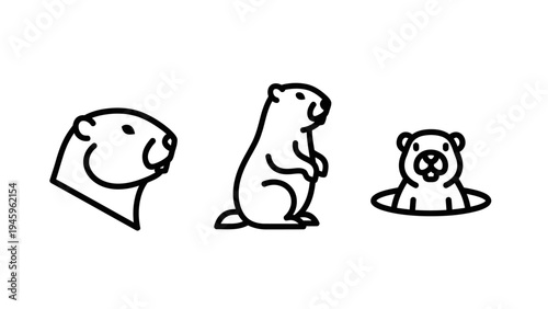 Groundhog day icon set featuring woodchuck head profile and peeking out of burrow
