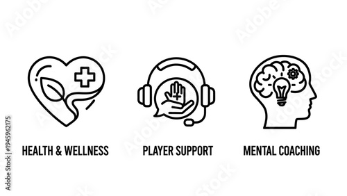 Holistic health and mental coaching icons for wellness support and player assistance services