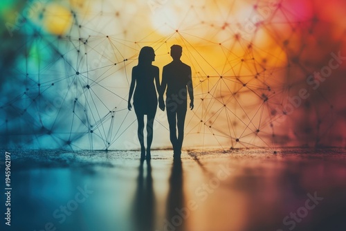 Couple holding hands in abstract connection imagery exploring relationship dynamics and unity in a vibrant color background