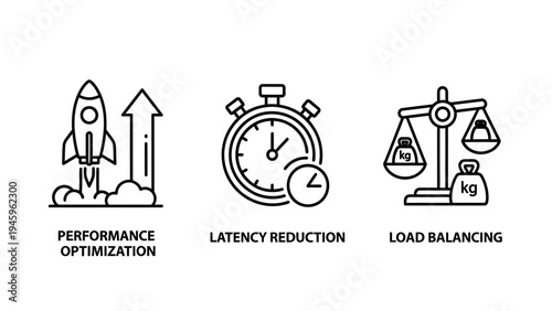 Performance optimization and network latency reduction technology icon set for load balancing