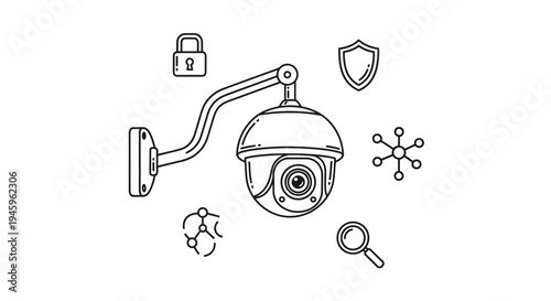 Dome security camera system with surrounding icons representing protection, monitoring, and data analysis for surveillance concepts.