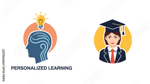 Personalized learning and education success concepts with student and mind brainstorming icons