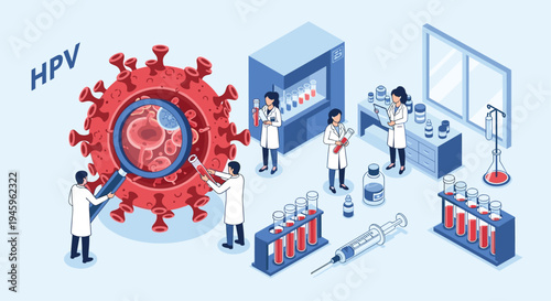 Medical scientists conduct research on the human papillomavirus in a laboratory using a magnifying glass, test tubes, and advanced equipment.