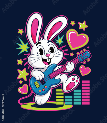 Cute Cartoon Bunny Rabbit Playing Electric Guitar with Neon Stars and Hearts