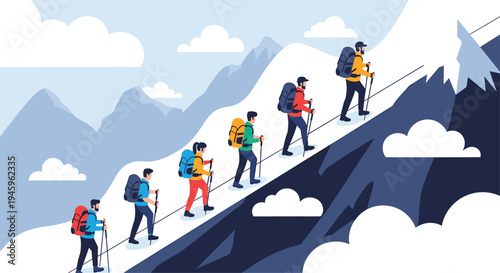 Group of hikers equipped with backpacks and walking sticks climb up a steep snowy mountain trail toward a sharp peak under a cloudy sky.