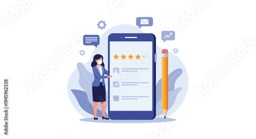 Young woman wearing a protective face mask uses her smartphone to review a mobile application rating system represented by blue icons and stars.