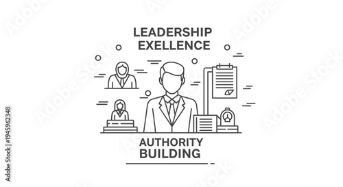 Business leader figure stands centrally demonstrating authority building concepts alongside signed documents and team members.