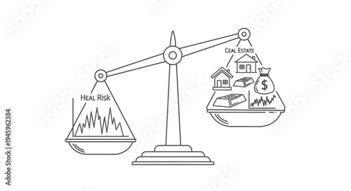 Classic balance scale compares the weight of financial risk volatility against tangible assets including real estate icons, gold bars, and money bags.