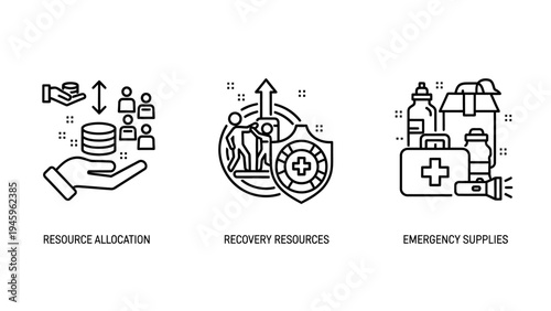 Resource allocation and emergency supplies icons for crisis management
