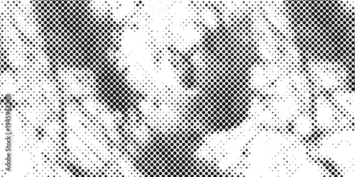Abstract black and white halftone dot pattern background, vintage pop art retro comic style texture with gradient transition halftone vector technology background.
