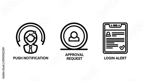 Mobile app notification and user approval alert icon set for login security and requests